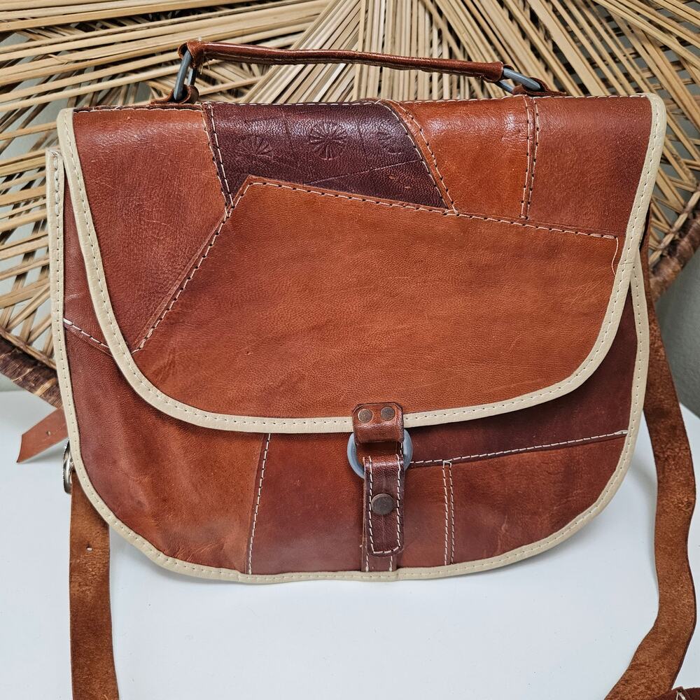 Leather Patchwork Tooled Saddle‎ Bag Brown Cognac Purse Messenger Crossbody